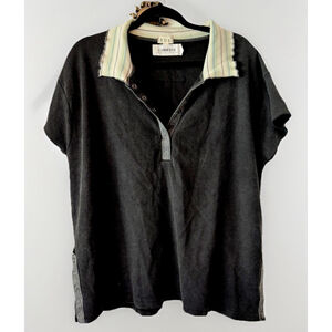 POL Waffle Knit Henley Top Women’s Large Black Contrast Collar Snap Side